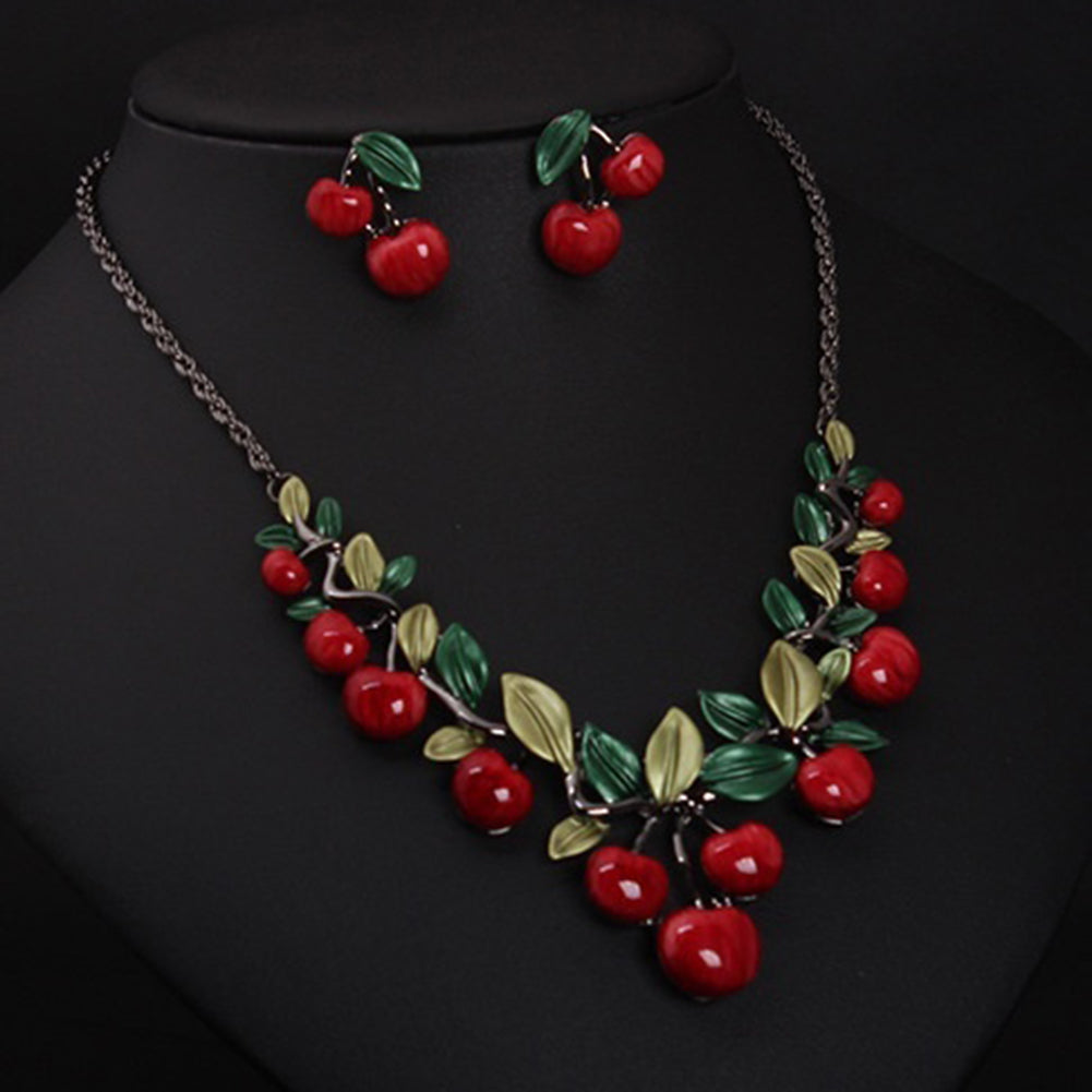 1 Set Vintage Red Cherry Fruit Jewelry Set Chic Bridal Necklace Earrings