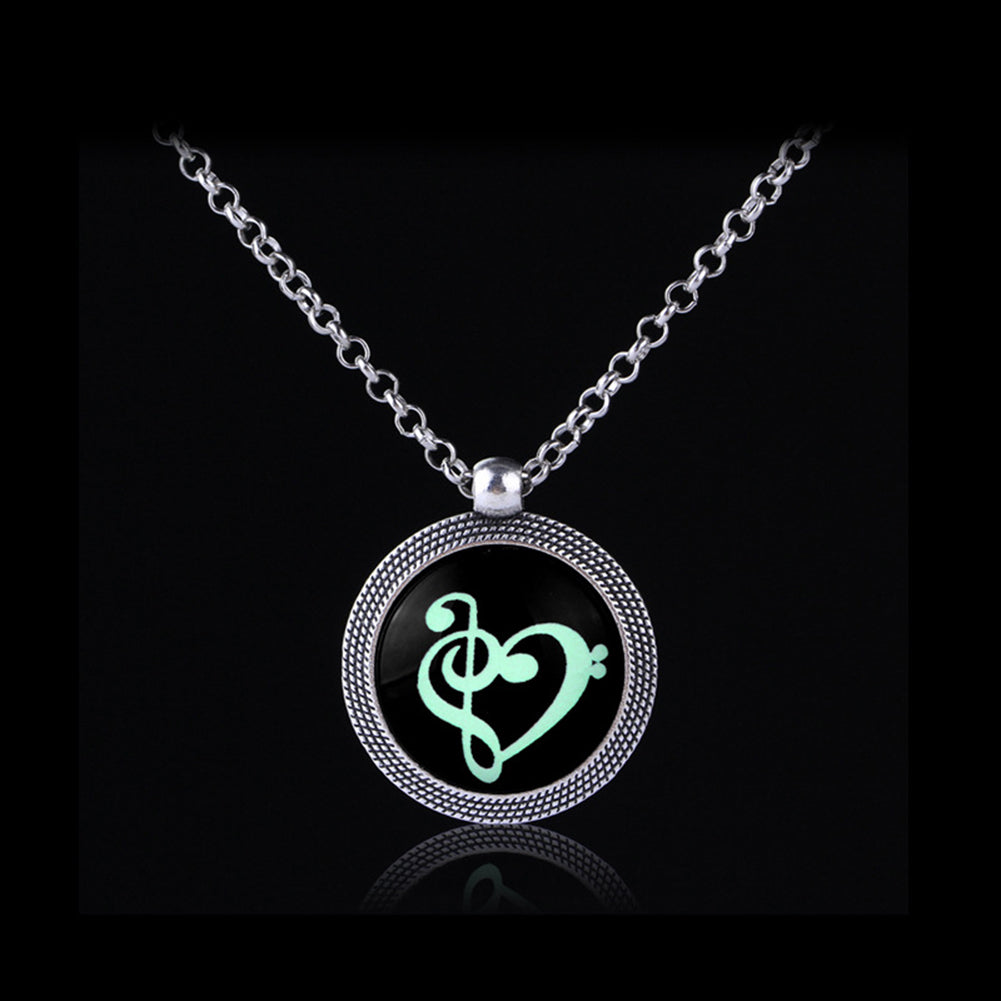 Fashion Luminous Musical Note Heart Women Round Pendant Necklace Party Jewelry