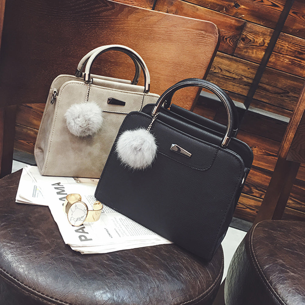 Fashion Women Plush Ball Faux Leather Shoulder Bag Tote Purse Crossbody  Handbag