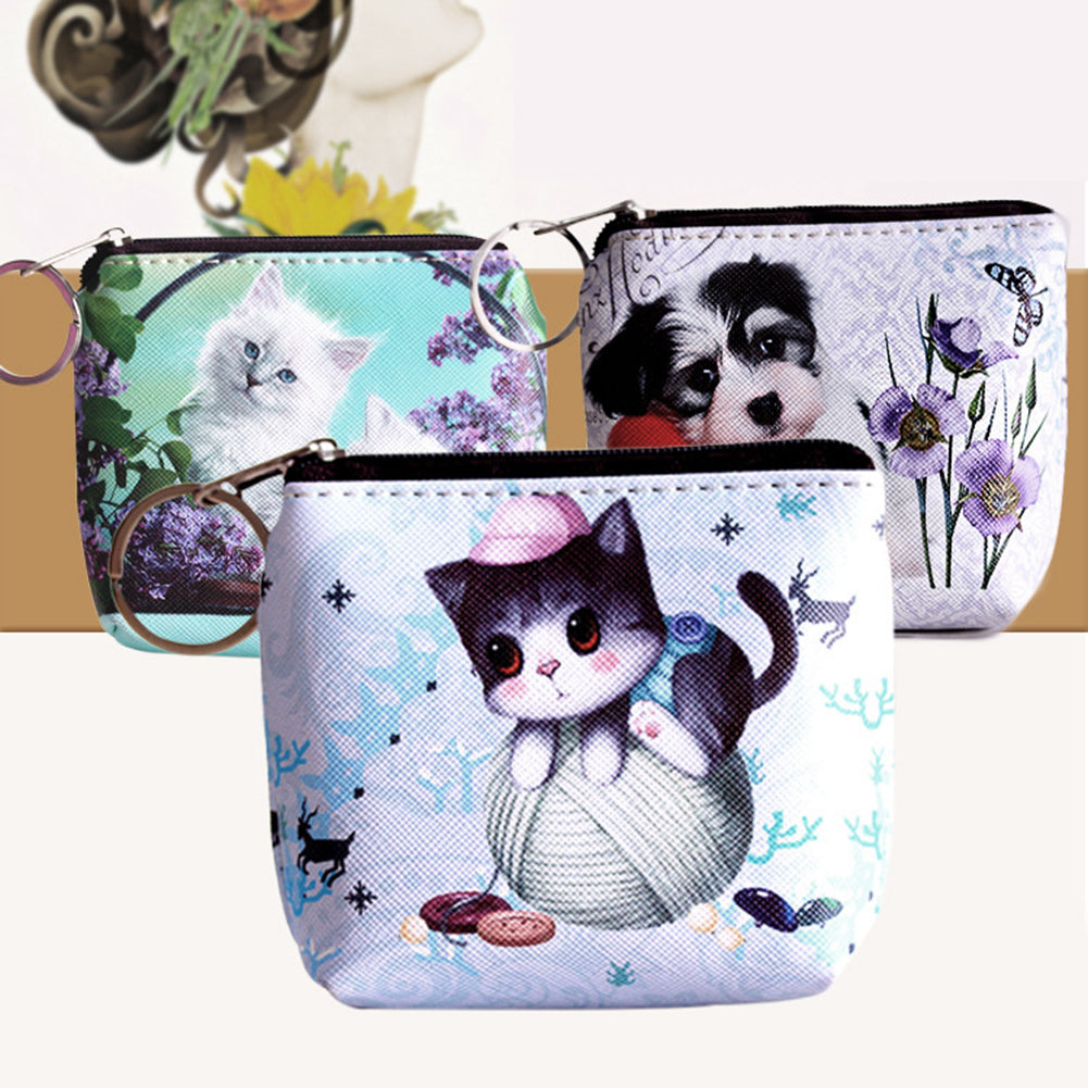 Women Girl Cute Dog Cat Faux Leather Clutch Short Coin Purse Zipper Wallet Gift