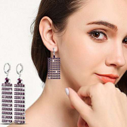Silver Plated Long Rhinestone Tassels Rectangle Mesh Dangle Women Retro Earrings