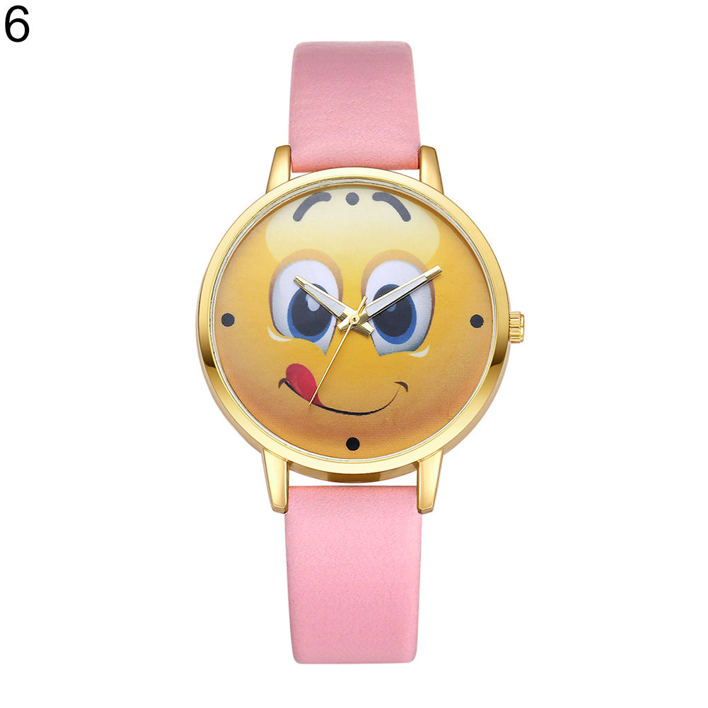 Lady Stylish Lovely Greedy Face Emoji Faux Leather Band Analog Wrist Watch