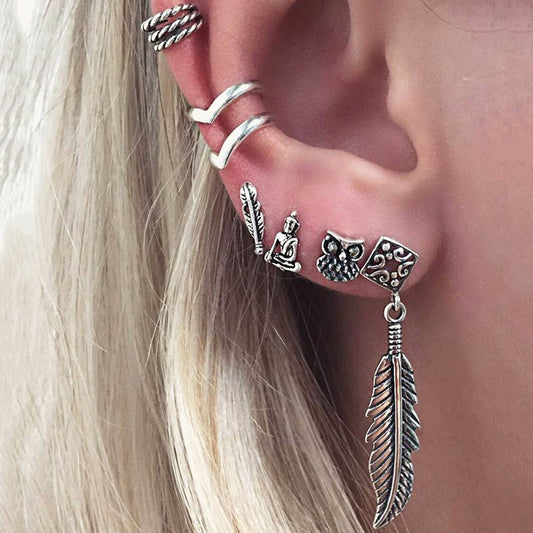 6 Pcs/Set Boho Owl Buddha Feather Hollow Ear Cuff Ear Stud Cartilage Earrings