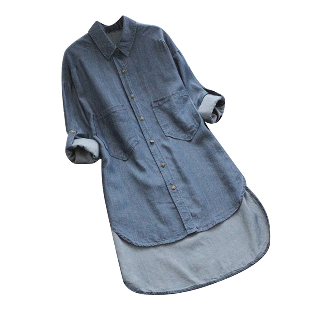 Solid Color Adjustable Long Sleeve Women's Casual Irregular Denim Shirt Top
