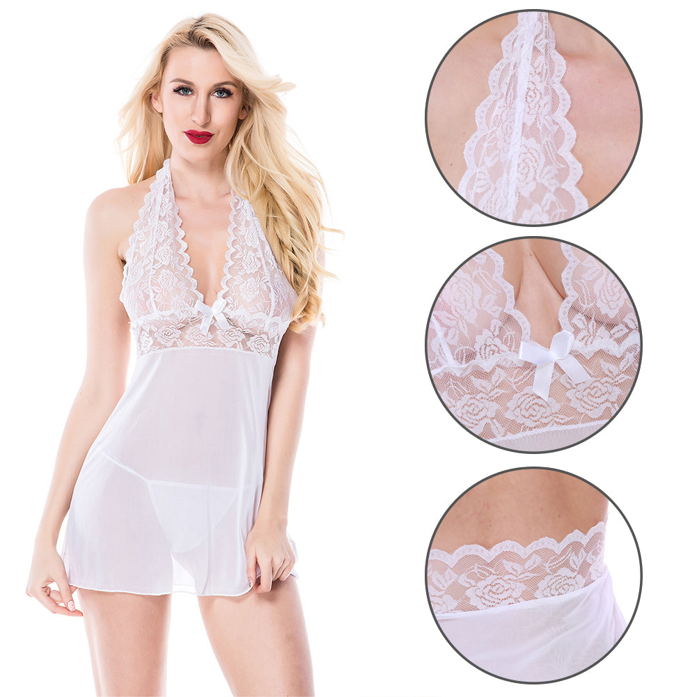 Women Sexy Halter Deep V-Neck Lace Babydoll Nightwear G-String Thongs Sleepwear