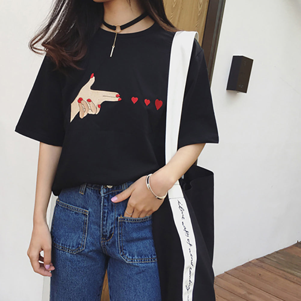 Women Summer Fashion Causal Finger Heart Hand Short Sleeves T-shirts Blouse