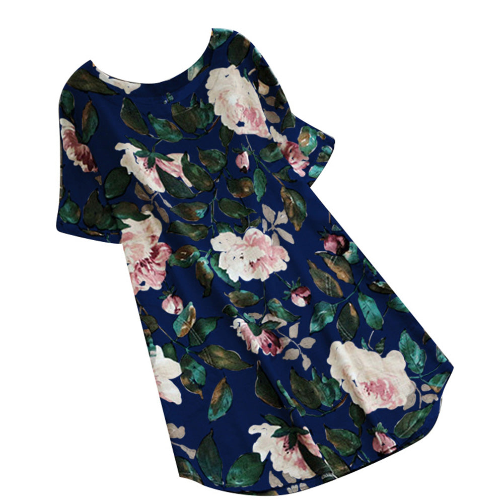 Summer Women Floral Print Short Sleeve Long Shirt Plus Size Loose Mini Dress