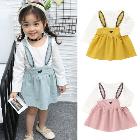 Autumn Spring Baby Kids Toddler Girl Cute Bunny Ears Braces Mini One Piece Dress