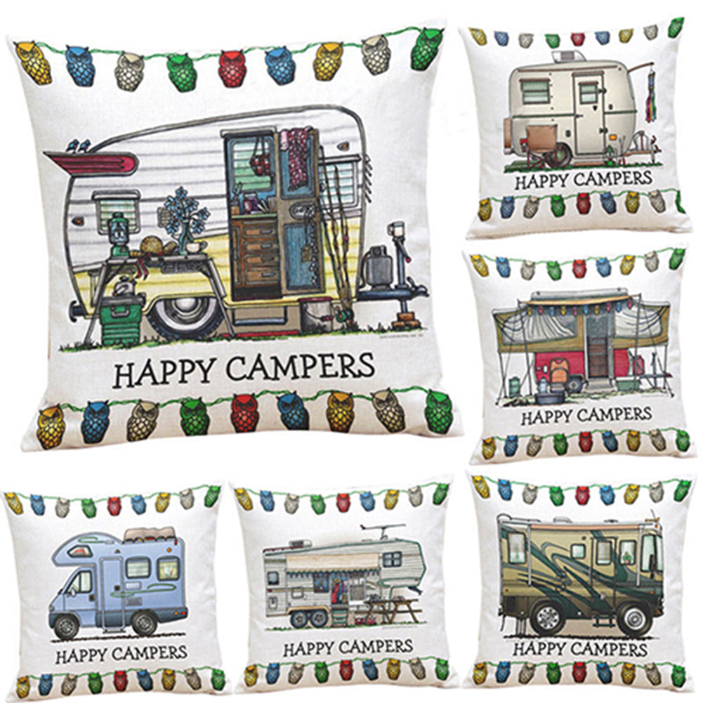 Happy Campers Soft Linen Pillow Sofa Case Waist Throw Cushion Cover Home Decor