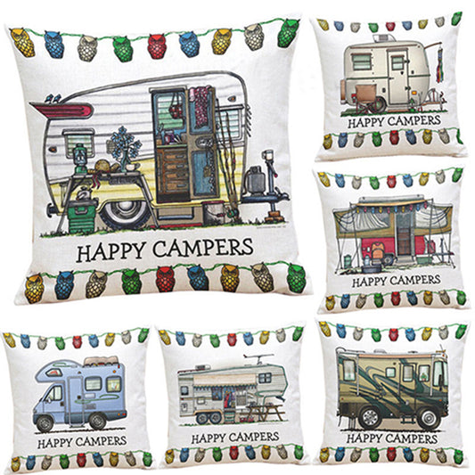 Happy Campers Soft Linen Pillow Sofa Case Waist Throw Cushion Cover Home Decor