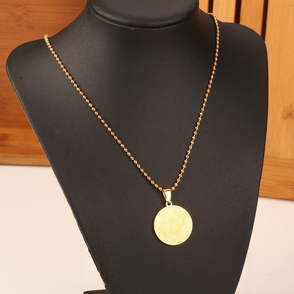 Stainless Steel Commemorative Bitcoin Pendant Bead Chain Unisex Necklace Jewelry