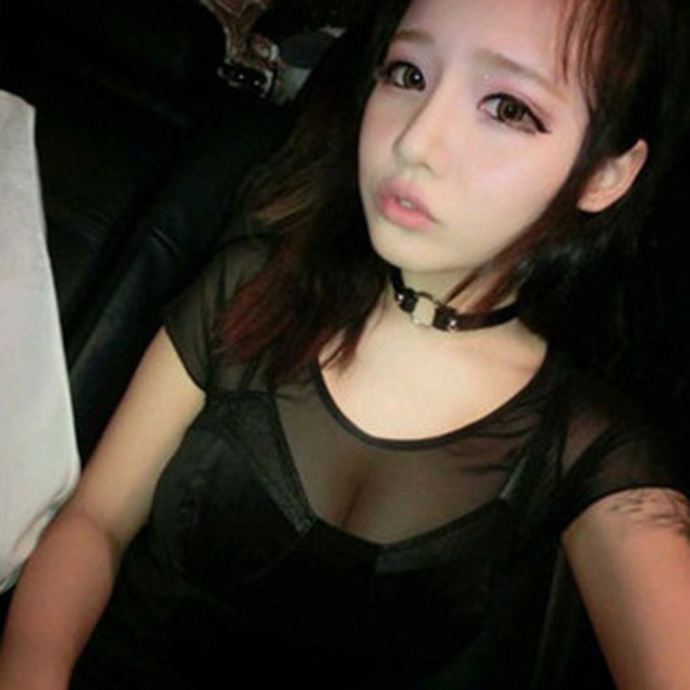 Women Fashion Punk Choker O-Ring Faux Leather Rivets Collar Short Necklace