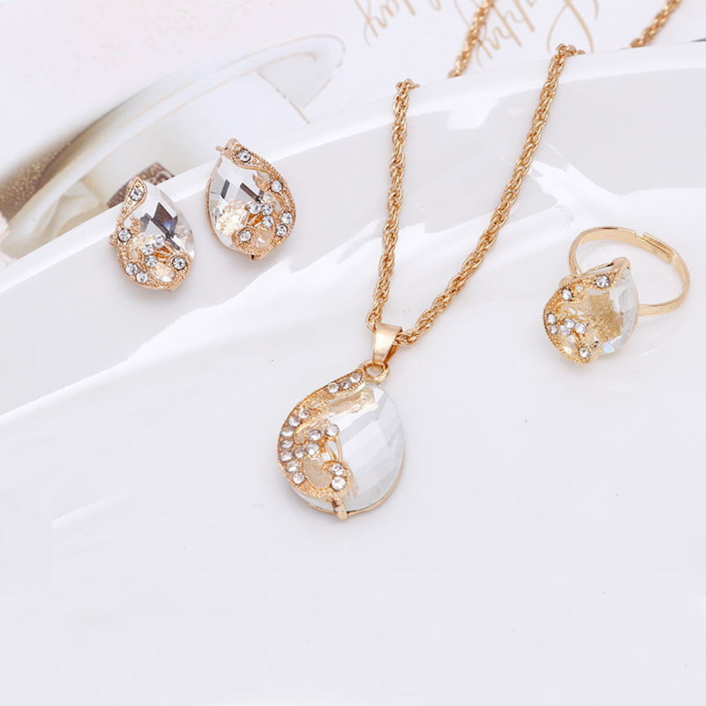 Women Jewelry Set Shiny Water-Drop Shape Rhinestone Necklace Earrings Ring Gift