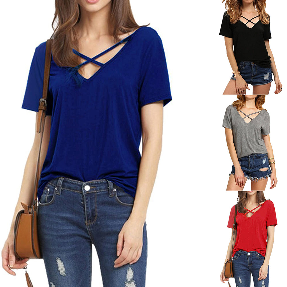 Fashion Women Deep V-neck Crossed Strap Short Sleeve T-shirt Casual Tee Shirt