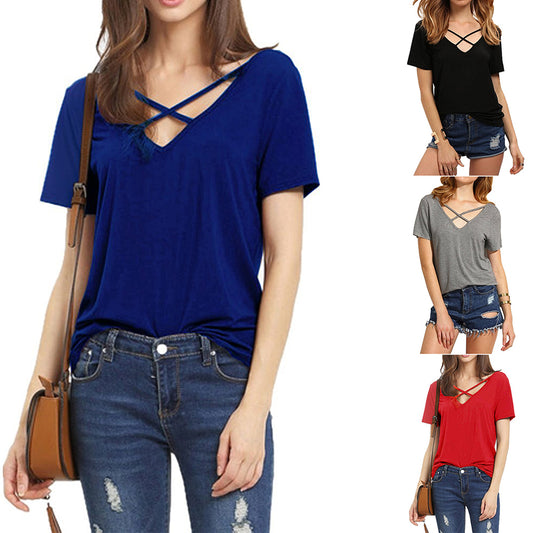 Fashion Women Deep V-neck Crossed Strap Short Sleeve T-shirt Casual Tee Shirt