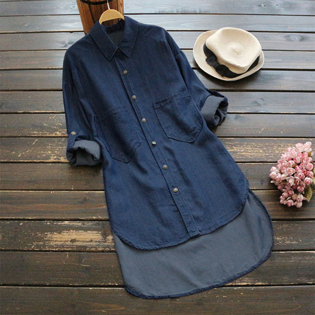 Solid Color Adjustable Long Sleeve Women's Casual Irregular Denim Shirt Top