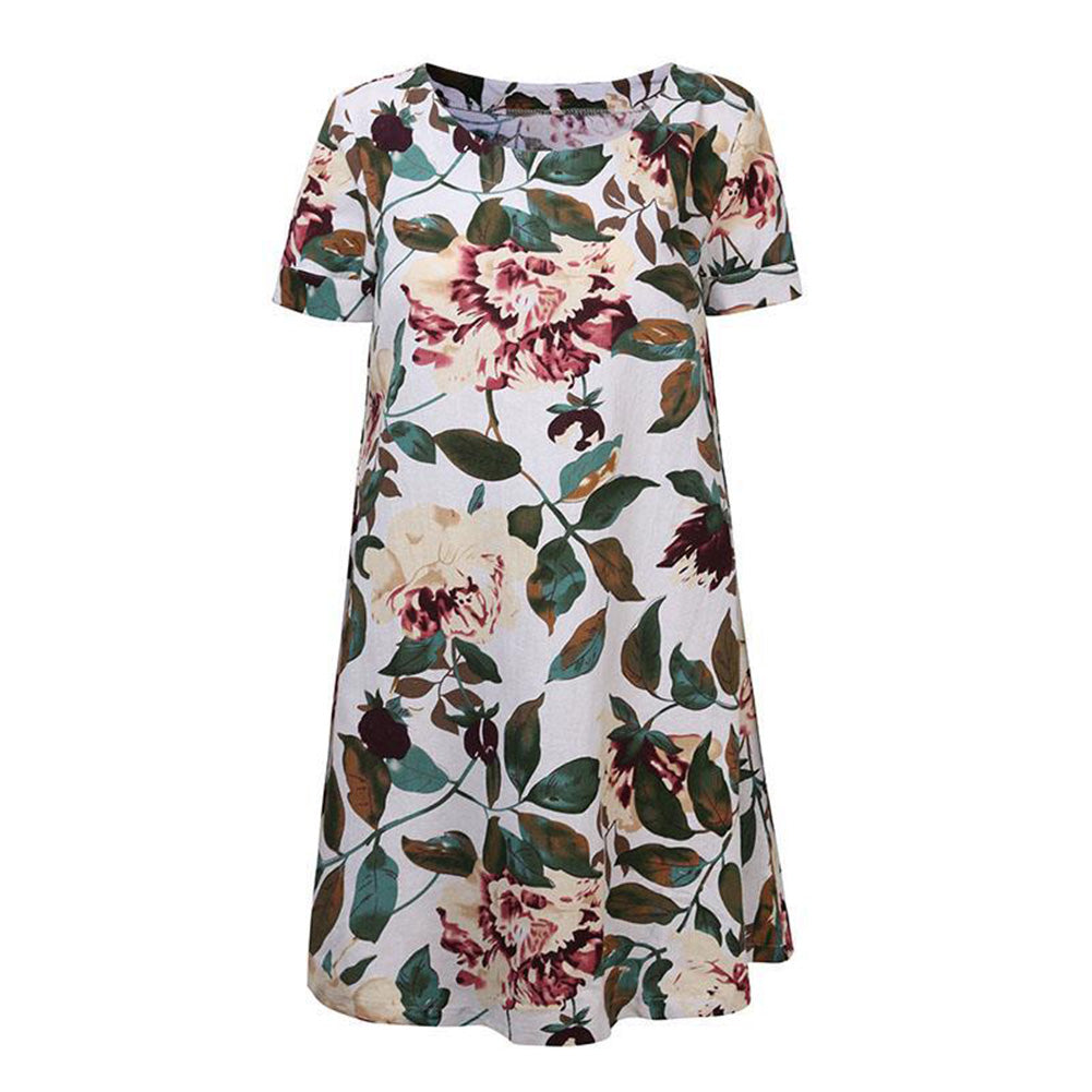 Summer Women Floral Print Short Sleeve Long Shirt Plus Size Loose Mini Dress