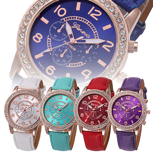 Fashion Women Geneva Rhinestone Big Dial Faux Leather Analog Wrist Watch Gifts
