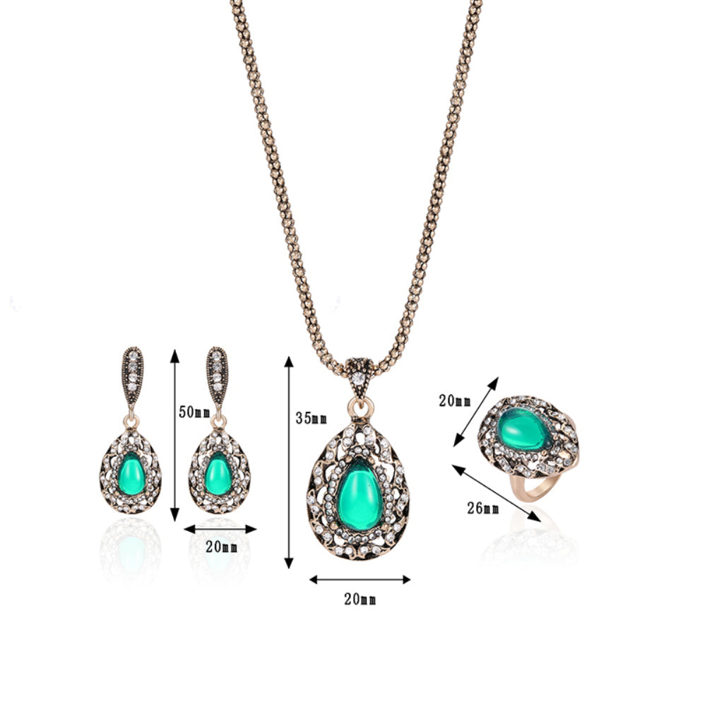 Women Retro Rhinestone Pendant Necklace Earrings Ring Bridal Wedding Jewelry Set