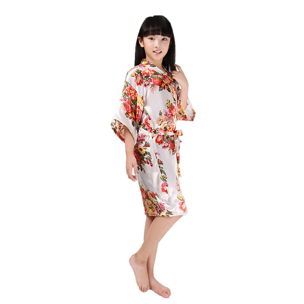 Floral Printed Kids Girls Sweet Kimono Dressing Gown Bath Robe Sleepwear Pajamas