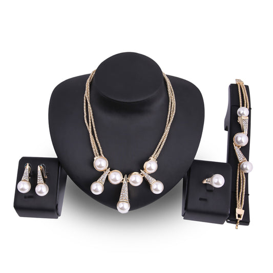 Wedding Bridal Necklace Earrings Bracelet Ring Faux Pearl Fashion Jewelry Set