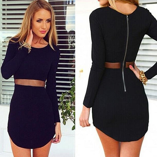 Women's Sexy Stretch Bodycon Long Sleeve O-neck Irregular Above-knee Mini Dress