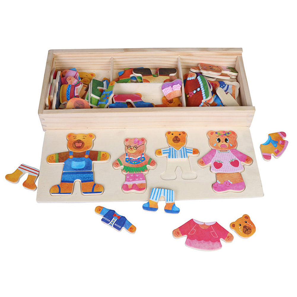 Wooden Baby Bear Changing Clothes Puzzle Set Children Kids Educational Toys Gift