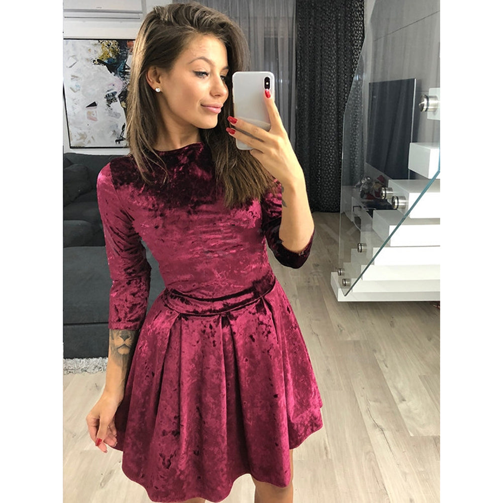 Winter Three-quarter Sleeve Evening Party Solid Color Crushed Velour Mini Dress