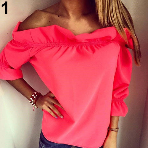 Women's Fashion Sexy Off Shoulder Ruffled Strapless Loose T-Shirt Blouse Top