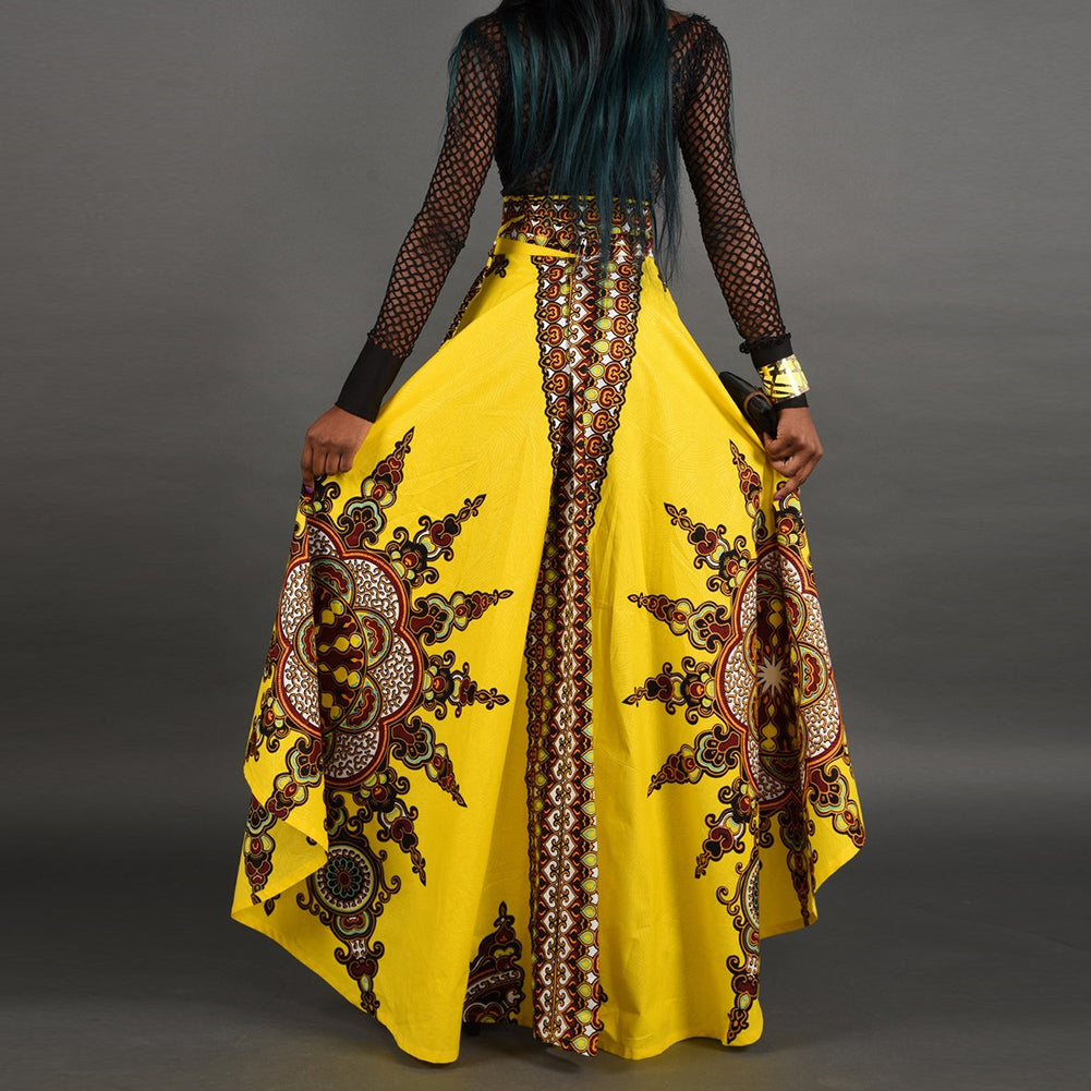 Ethnic Pattern Irregular Women Spring Summer Party Banquet Long Umbrella Skirt