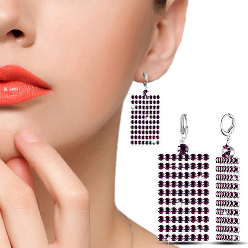 Silver Plated Long Rhinestone Tassels Rectangle Mesh Dangle Women Retro Earrings