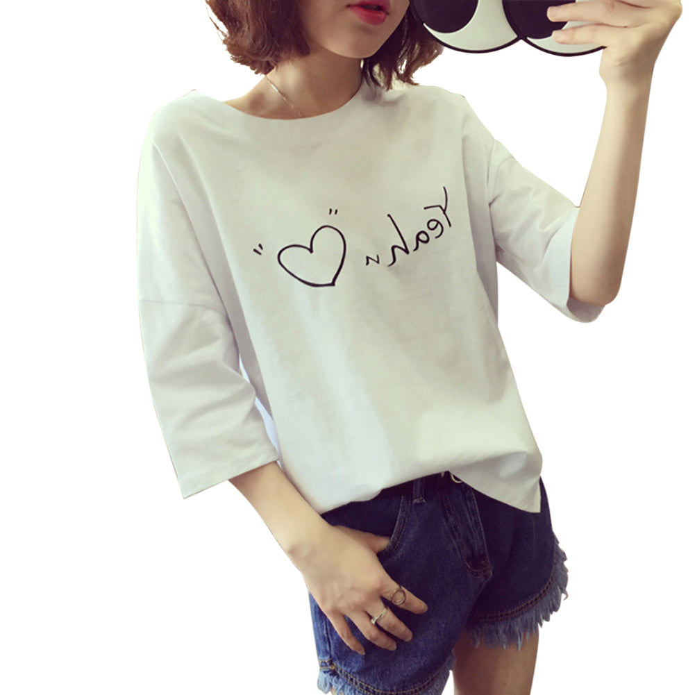 Letter Love Heart Print Women Round Neck Short Sleeve Top Tee Summer T-Shirt