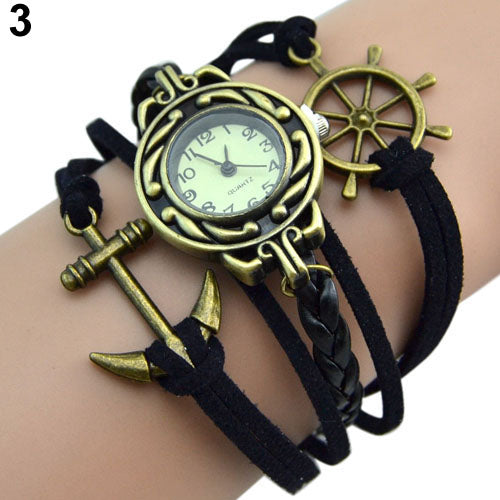 Lady Retro Rudder Anchor Charm Faux Leather Band Bracelet Quartz Wrist Watch