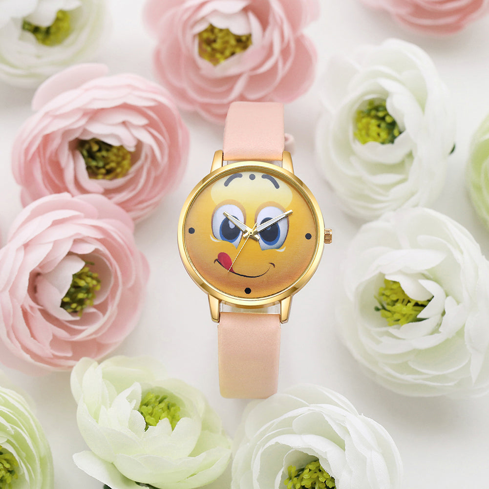 Lady Stylish Lovely Greedy Face Emoji Faux Leather Band Analog Wrist Watch