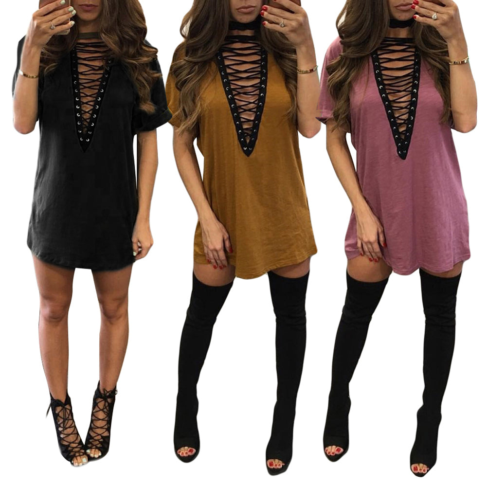 Lady Sexy Cross Lace Up V Neck Casual Short Sleeve Choker T-Shirt Top Dress