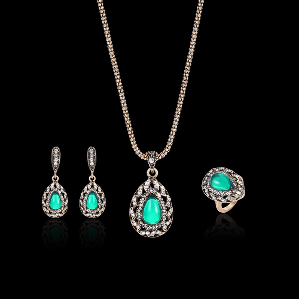 Women Retro Rhinestone Pendant Necklace Earrings Ring Bridal Wedding Jewelry Set