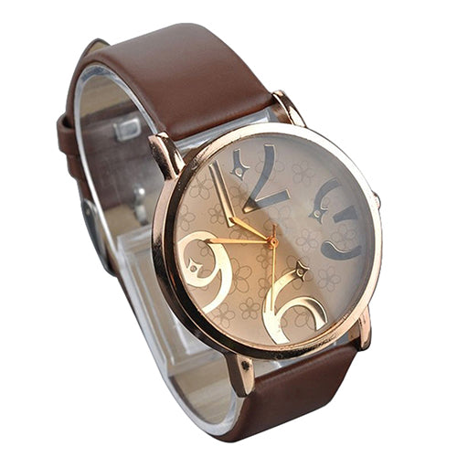 Women's Casual Flowers Big Numbers Dial Faux Leather Strap Quartz Wrist Watch