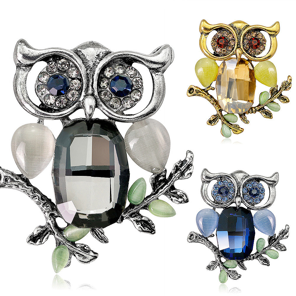 Luxury Shiny Rhinestone Artificial Stone Owl Animal Brooch Pin Women Jewelry