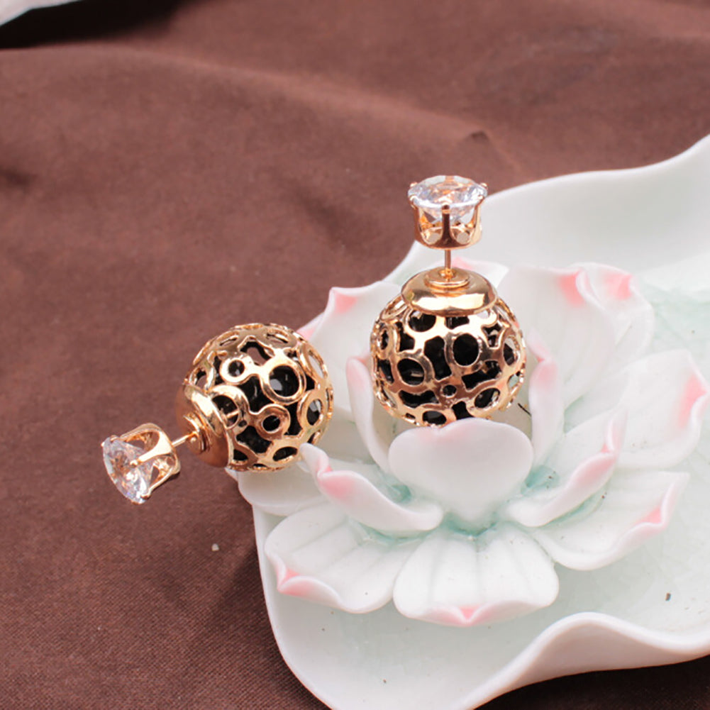 Women Fashion Hollow Ball Ear Jackets Stud Earrings Double Side Piercing Jewelry