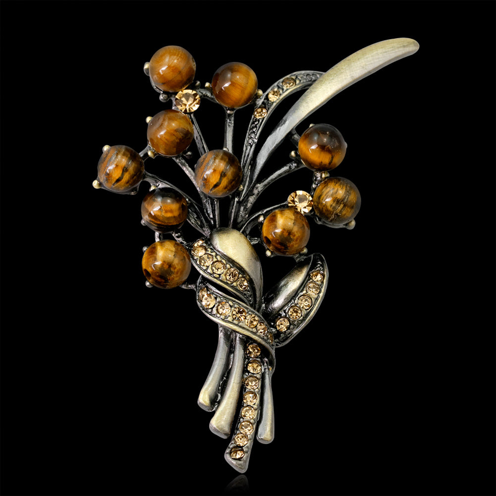 Round Stone Bead Shiny Rhinestone Flower Bouquet Style Women Brooch Pin Jewelry