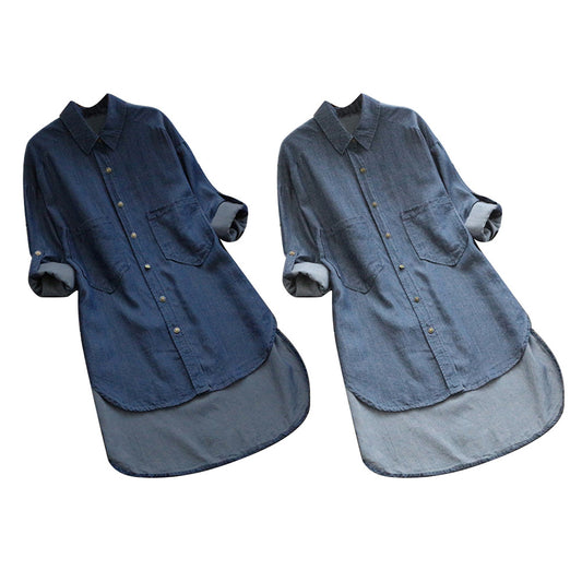 Solid Color Adjustable Long Sleeve Women's Casual Irregular Denim Shirt Top