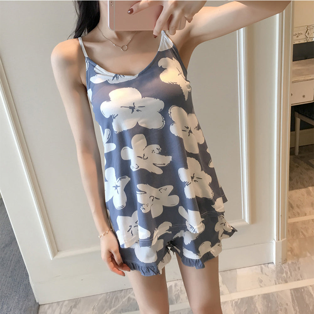 Fashion Lovely Flower Floral Sleeveless Top Shorts Women Sleepwear Pajamas Set