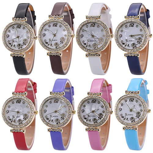 Women's Flower Rhinestone Watch Fine Faux Leather Strap Quartz Gift Wristwatch