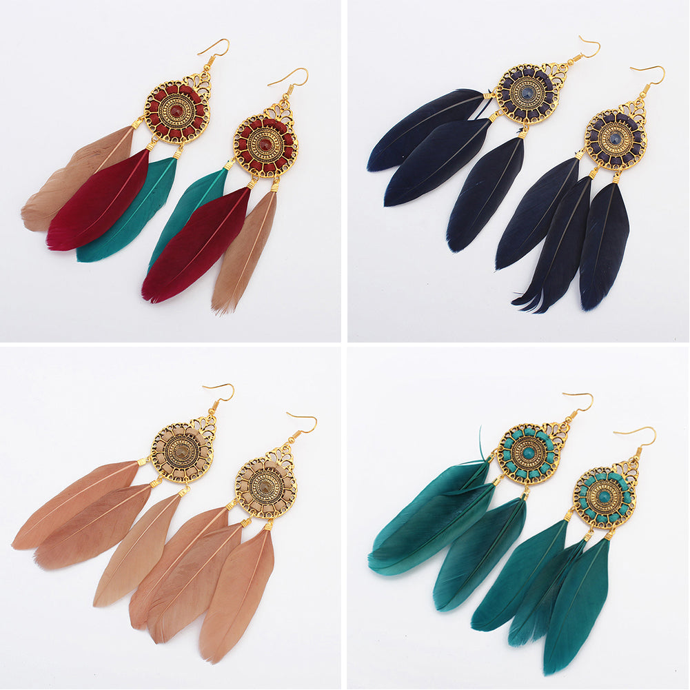 Vintage Women Long Feather Round Hollow Circle Hook Earrings Party Jewelry Gift