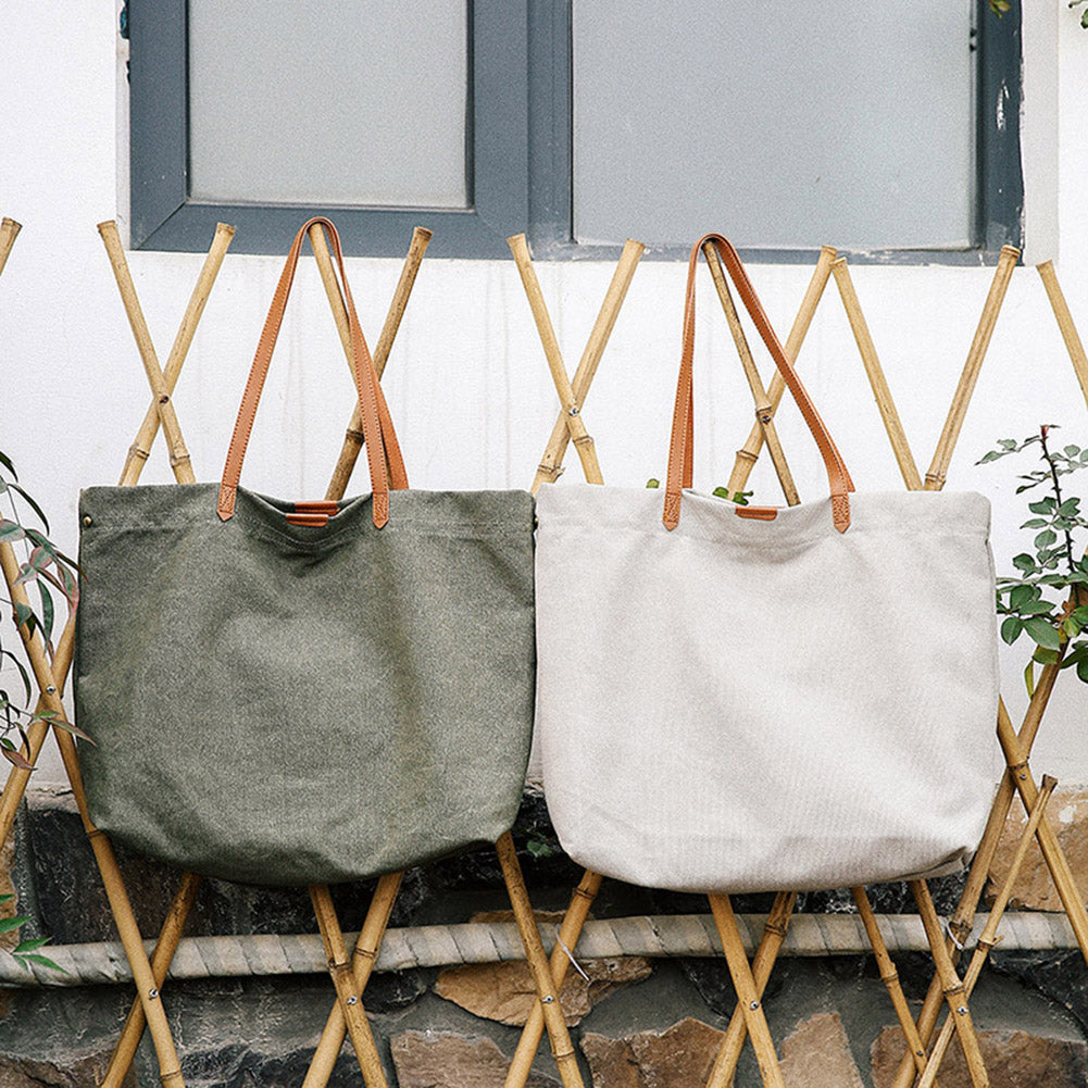 Faux Leather Strap Canvas Bag Shopping Travel Large Capacity Shoulder Handbag