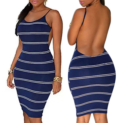 Women's Fashion Backless Stripe Pattern Sleeveless Sexy Dress Pencil Skirt