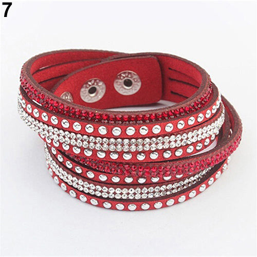 Women's Multilayer Faux Leather Punk Rhinestone Cuff Bracelet Bangle Wristband