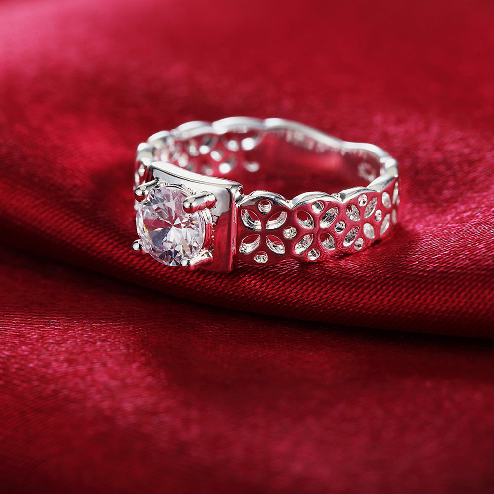 Vintage Women Hollow Floral Rhinestone Silver Plated Finger Ring Wedding Jewelry