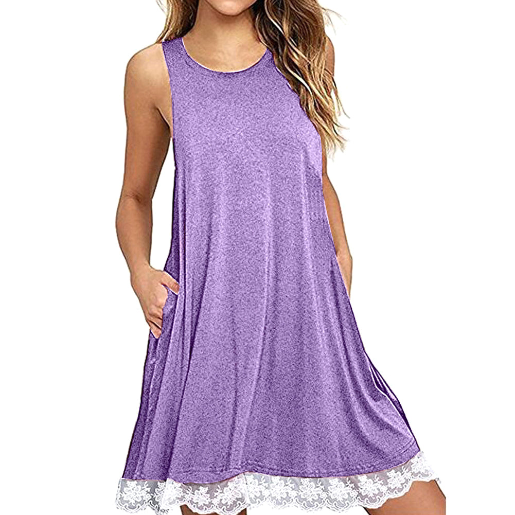 Women's Sleeveless Casual Loose Lace Stitching Trim Summer Fashion Dress Gift