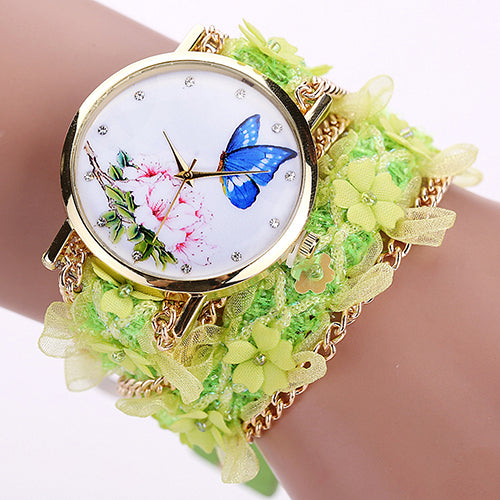 Lady Analog Golden Tone Case Flowers Butterfly Rhinestone Lace Alloy Chain Watch